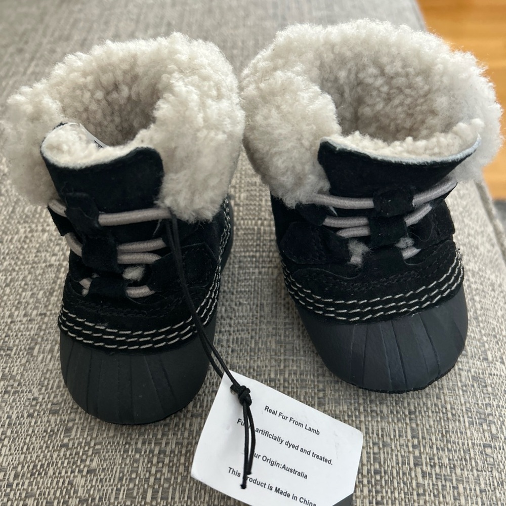 Sorel Baby Infant Caribou Lamb Fur Lined Black Winter Snow Boots, Size 2